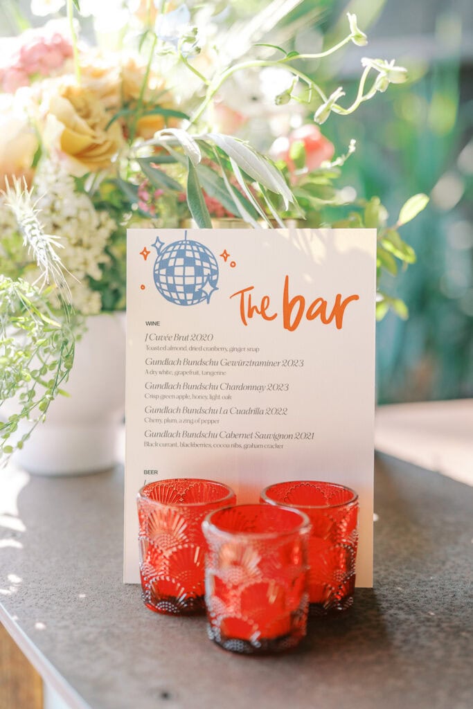 Cocktail bar menu display at Livermore wedding venue photographed by Vanessa Montano