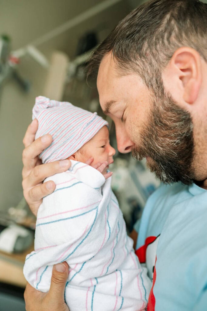 Close-up of newborn baby during a natural Fresh 48 hospital photography session in the Bay Area